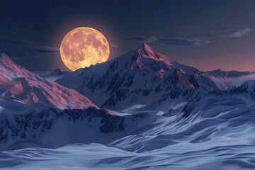 A stunning view of a full moon rising over a snowy mountain range. Perfect for winter and nature-themed projects - obrazy, fototapety, plakaty