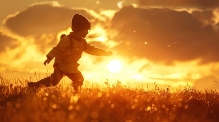 A child is running energetically through a field as the sun sets in the background, casting a warm glow over the landscape. - 783265358
