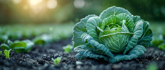 A large green cabbage is growing in a field - obrazy, fototapety, plakaty