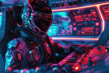 An astronaut in a space suit working on a keyboard. Suitable for technology concepts - obrazy, fototapety, plakaty