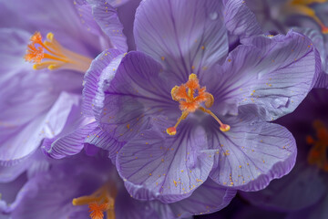 A macro shot reveals the stunning details of purple crocus flowers, with golden pollen dusting...