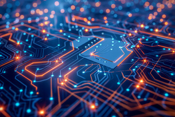 Futuristic Circuit Board with Glowing Lights Technology Concept