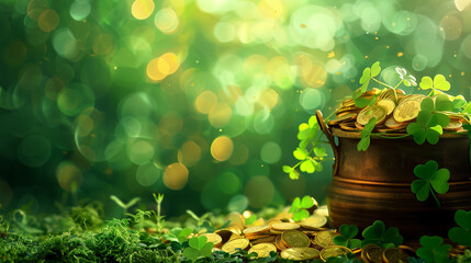 St. Patrick's Day-themed background featuring pot of gold coins and shamrock leaves, perfect for design, banners