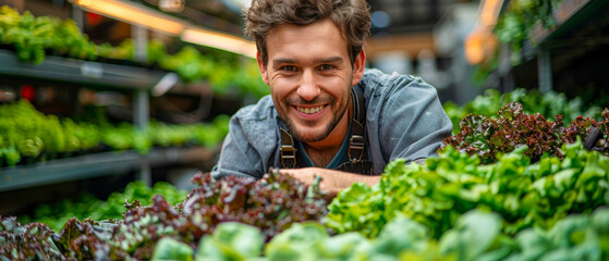A man is smiling while standing in a greenhouse filled with plants