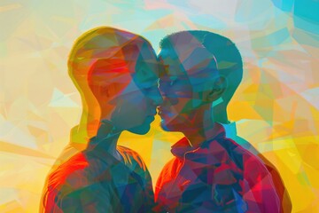 Romantic couple kissing in front of vibrant colors. Ideal for love and relationships concepts