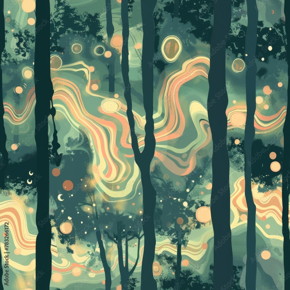 Poster a painting of a forest filled with lots of trees. suitable for nature backgrounds