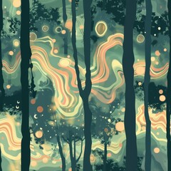 A painting of a forest filled with lots of trees. Suitable for nature backgrounds