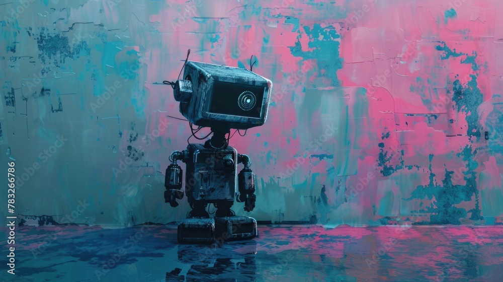 Poster Small robot standing in front of a pink wall. Suitable for tech and futuristic concepts
