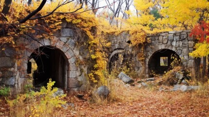Autumn overgrowth covering fort ruins - obrazy, fototapety, plakaty
