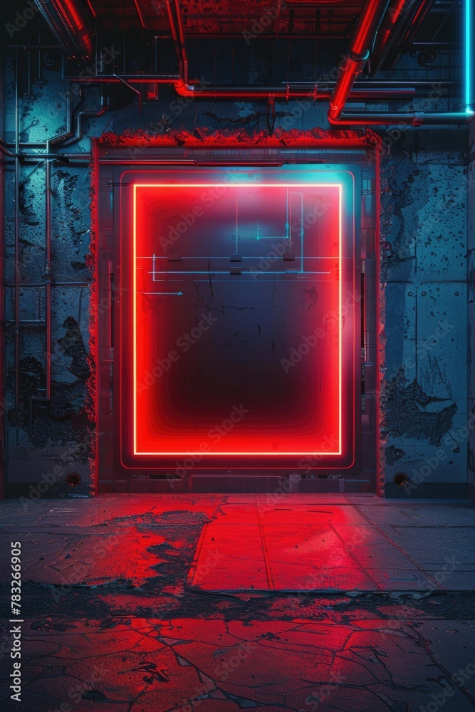 Poster A striking red neon frame in a dimly lit room. Perfect for adding a pop of color to any design project