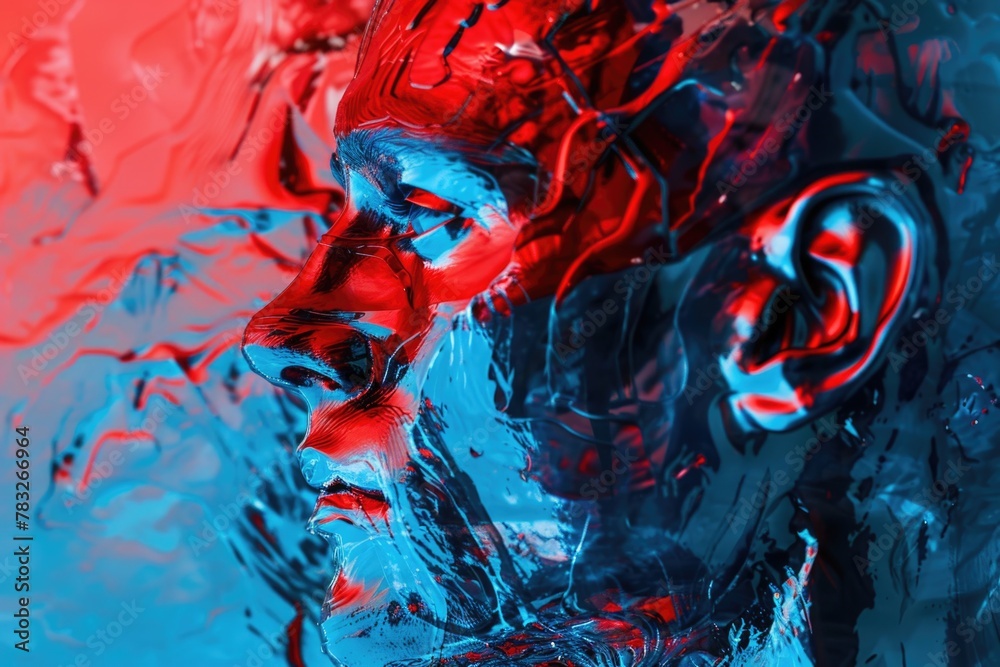 Poster close-up portrait of a person with red and blue paint on their face, suitable for artistic projects 