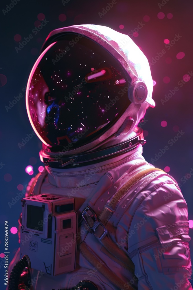 Poster astronaut in space suit with purple background, suitable for science fiction projects