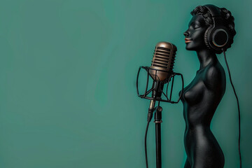Elegant Black Mannequin with Headphones Singing into Vintage Microphone on Teal Background