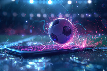 An electrifying concept of a soccer ball bursting with energy on a smartphone screen, symbolizing modern sports tech