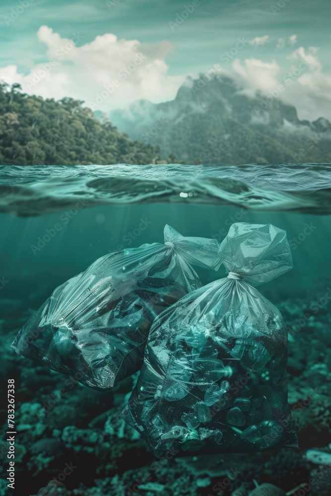 Poster two bags of garbage floating in the ocean. suitable for environmental themes