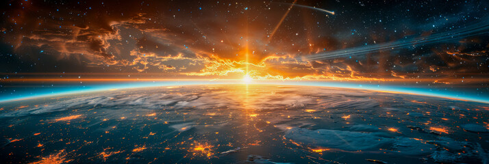 Majestic Earth Sunrise with Meteor Shower in Space
