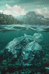 Two bags of garbage floating in the ocean. Suitable for environmental themes
