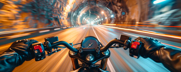 Dynamic Motorcycle Ride Through Illuminated Tunnel Perspective