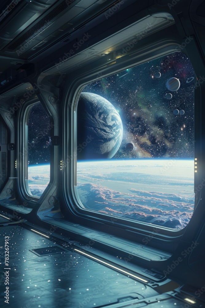Poster a breathtaking view of earth from a space station. perfect for science and technology projects