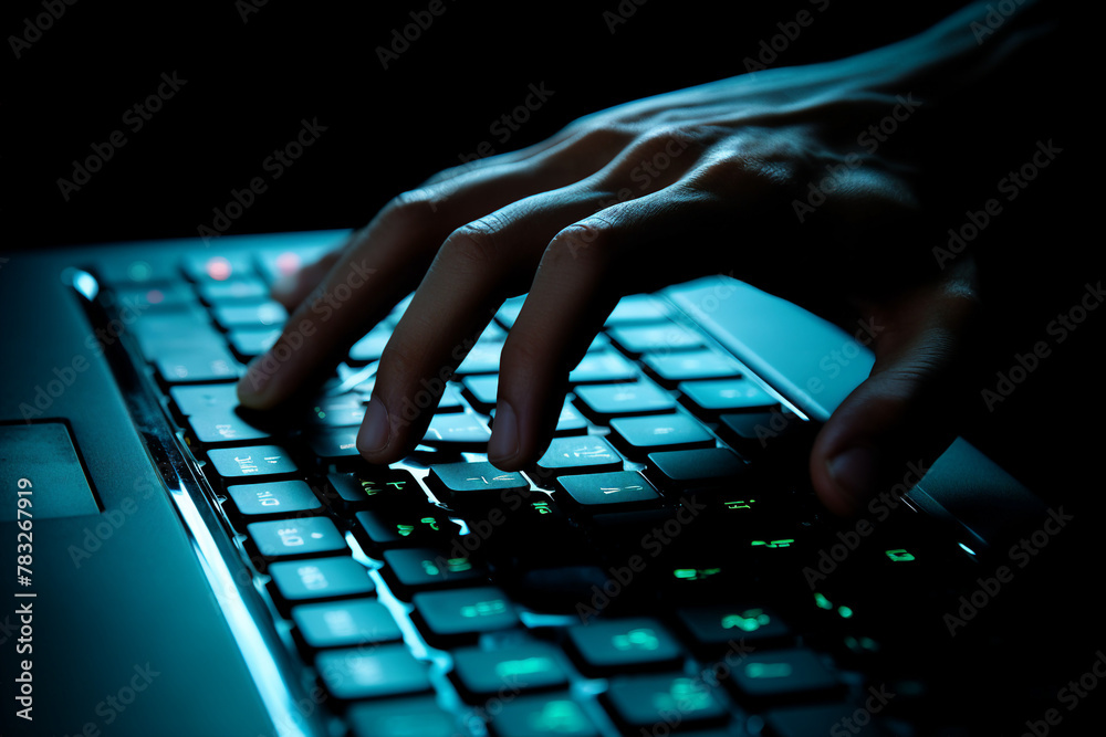 Poster generated with ai image of man hands typing on a laptop keyboard
