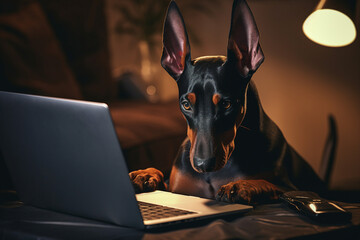 AI generated picture of best human friend animal looking laptop screen - Powered by Adobe