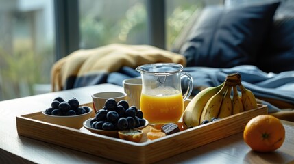 Fresh fruit and juice on a table, suitable for food and beverage concepts - obrazy, fototapety, plakaty