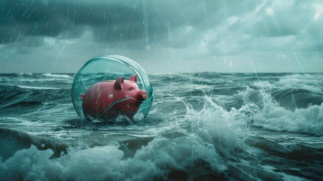 A unique image of a red pig trapped in a glass jar floating in the middle of the ocean. Ideal for illustrating concepts of isolation and captivity