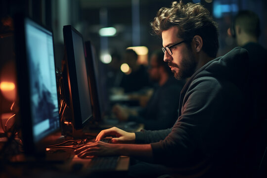 Hard working person in modern interior office programming writing web java script code AI technology generation