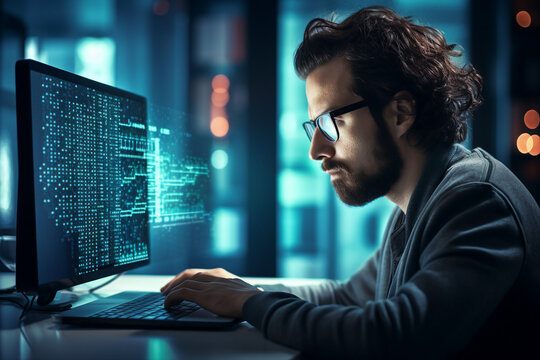 Hard working person in modern interior office programming writing web java script code AI technology generation