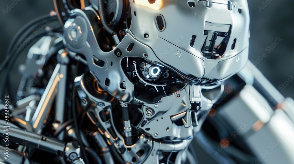 Poster close up of a robot's head, suitable for technology concepts