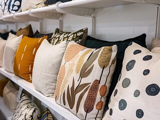 Array of minimalist pillows, each featuring a unique print design, presented in a stylish retail store as customizable decor items