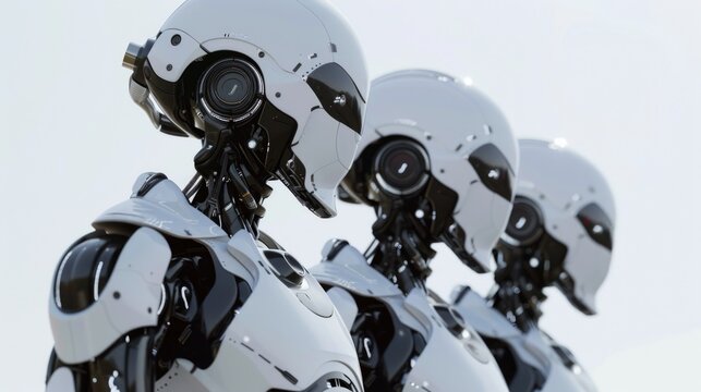 A group of robots standing in a row. Suitable for tech-related designs