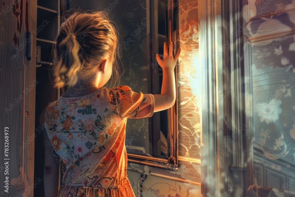 Poster a young girl standing in front of a window. suitable for various concepts