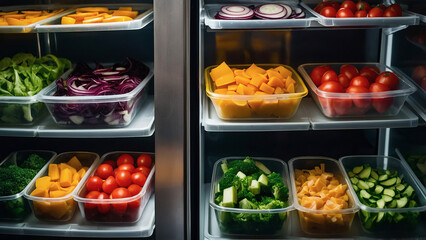 Fresh chopped vegetables in the refrigerator in containers, concept of proper food storage.