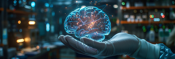 Selective focus of A doctor in a white coat holds out his hand with a glowing holographic brain model on his hand. In the background is a medical laboratory.