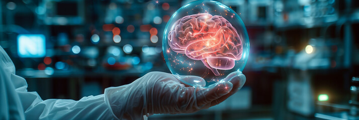Selective focus of A doctor in a white coat holds out his hand with a glowing holographic brain model on his hand. In the background is a medical laboratory.