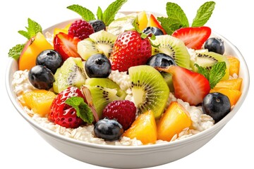A bowl of oatmeal topped with fresh fruit and mint leaves. Perfect for healthy lifestyle and nutrition concepts