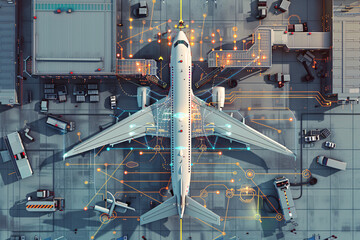 Aerial view of an airplane at the gate with ground service