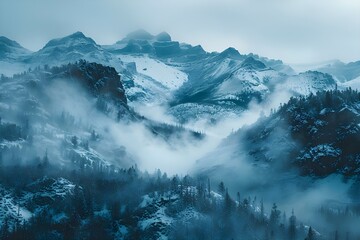 Misty Mountainscape: Steamy Silence of Yellowstone. Concept Nature Photography, Wild Landscapes, Remote Locations, Moody Atmosphere, Dramatic Scenery