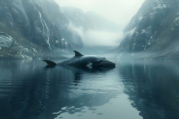 Majestic Whale's Tranquil Journey in Misty Mountain Waters. Concept Nature Photography, Whale Watching, Stormy Seas, Misty Mountains, Tranquil Landscapes