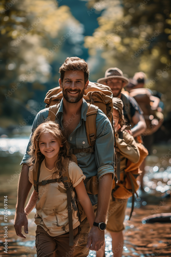 Wall mural a family hiking in nature together enjoys an outdoor adventure.