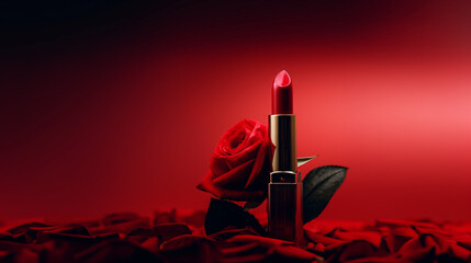 Fototapeta premium A red lipstick with red rose and red background for advertisement work