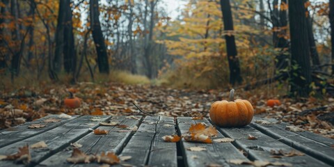 A small pumpkin sitting on top of a wooden table, perfect for fall and harvest themed designs - obrazy, fototapety, plakaty