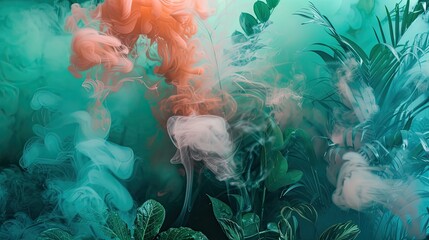 Saturated hues of jade and coral smoke - obrazy, fototapety, plakaty