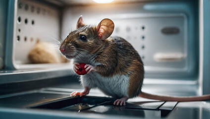 Gray mouse in an empty refrigerator.