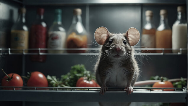 Gray mouse, a pest in the home refrigerator.