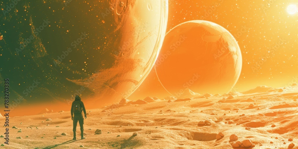 Poster a man standing in the desert gazing at distant planets. suitable for science fiction and astronomy c