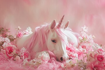 A beautiful white horse with a pink mane resting in a bed of colorful flowers. Suitable for nature or animal themed designs