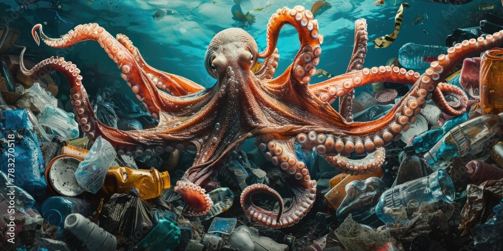 Poster an octopus surrounded by garbage in the ocean. suitable for environmental awareness campaigns