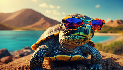 Turtle on the beach wearing sunglasses in pop art style. - obrazy, fototapety, plakaty